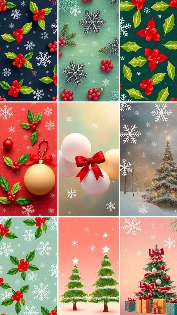 Holly Jolly Christmas Wallpaper Aesthetic Aesthetic Christmas wallpapers with holly leaves, snowflakes, and Christmas trees in vibrant colors.
